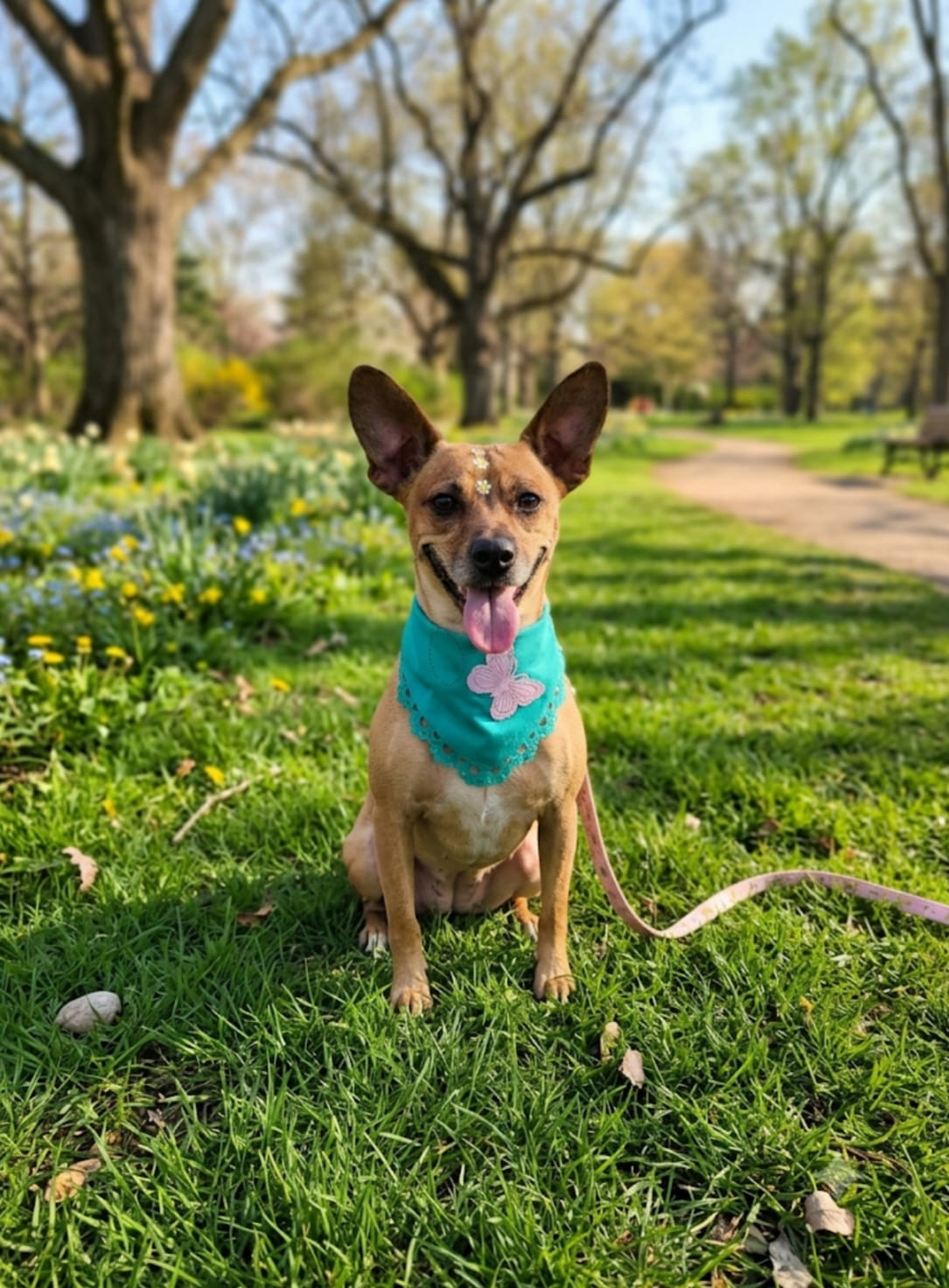 Cãozinho com lenço azul em um jardim