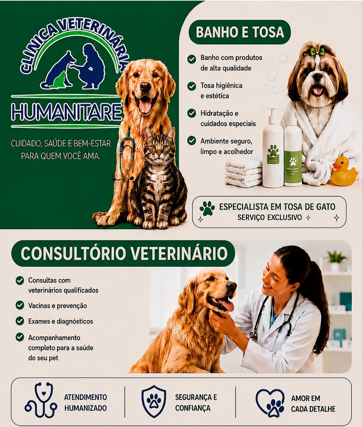 Material de divulgação da Humanitare sobre banho e tosa e consultório veterinário